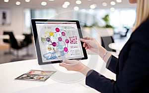 Digital tablet in the hands of a woman with a blank screen of a mobile application