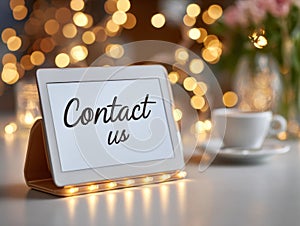 Digital tablet with handwritten contact us message on table with festive lights and coffee