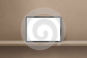 Digital tablet pc on brown wall shelf. Horizontal background banner