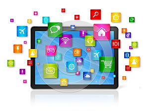 Digital Tablet pc and flying apps icons