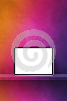 Digital tablet pc on rainbow wall shelf. Vertical background banner