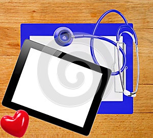 Digital tablet, stethoscope and blue clipboard over wooden