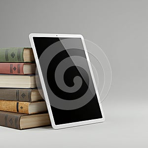 A digital tablet with a white frame is leaning against a stack of hardcover books. The