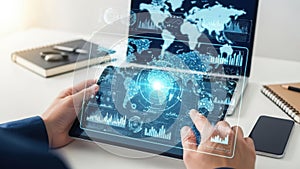 Digital tablet with world map interface isolated on transparent background