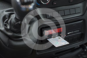 Digital tachograph in a van from an angle with ejected driver card