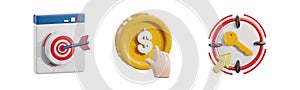 digital target success strategy with arrow aim on website browser. Hand click on dollar coin. Target Keyword with Key Symbol aim.