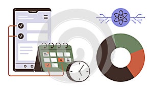 Digital Task Management with Calendar, Mobile Interface, Clock, and Data Chart