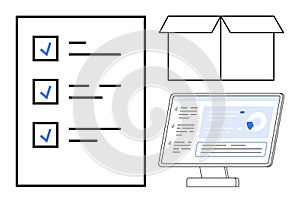Digital task management with checklist, shipping box, and data analysis on computer screen