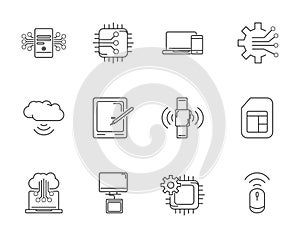 Digital tech circuit board icons set line