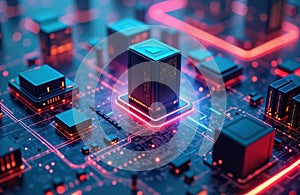 Digital tech illustration. Server logic, database management system. Modern computer science, data processing concepts. Advanced