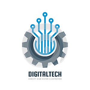 Digital tech - vector business logo template concept illustration. Gear electronic factory sign. Cog wheel technology symbol. SEO