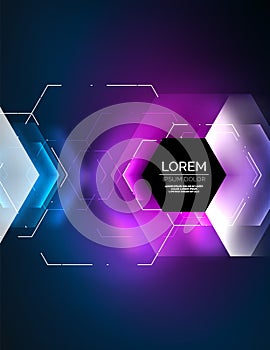 Digital techno abstract background, glowing hexagons