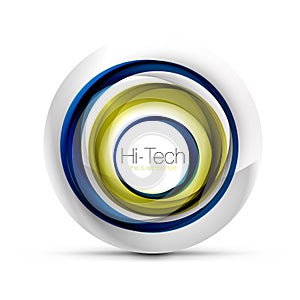 Digital techno sphere web banner, button or icon with text. Glossy swirl color abstract circle design, hi-tech