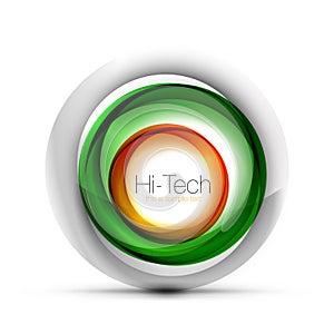 Digital techno sphere web banner, button or icon with text. Glossy swirl color abstract circle design, hi-tech