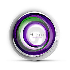 Digital techno sphere web banner, button or icon with text. Glossy swirl color abstract circle design, hi-tech