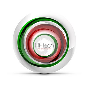 Digital techno sphere web banner, button or icon with text. Glossy swirl color abstract circle design, hi-tech