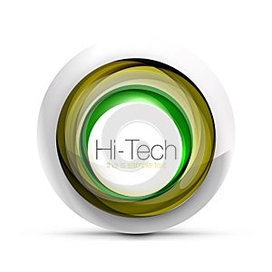 Digital techno sphere web banner, button or icon with text. Glossy swirl color abstract circle design, hi-tech