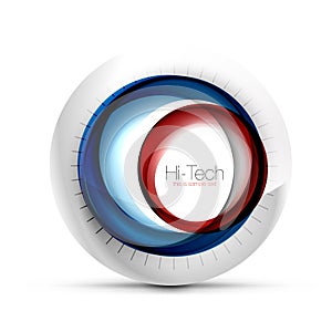 Digital techno sphere web banner, button or icon with text. Glossy swirl color abstract circle design, hi-tech