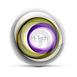 Digital techno sphere web banner, button or icon with text. Glossy swirl color abstract circle design, hi-tech