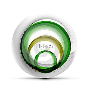 Digital techno sphere web banner, button or icon with text. Glossy swirl color abstract circle design, hi-tech