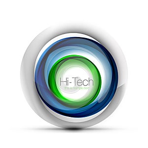 Digital techno sphere web banner, button or icon with text. Glossy swirl color abstract circle design, hi-tech