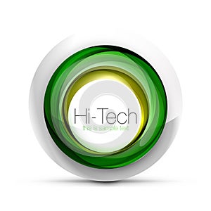 Digital techno sphere web banner, button or icon with text. Glossy swirl color abstract circle design, hi-tech