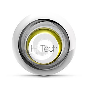 Digital techno sphere web banner, button or icon with text. Glossy swirl color abstract circle design, hi-tech