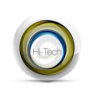 Digital techno sphere web banner, button or icon with text. Glossy swirl color abstract circle design, hi-tech