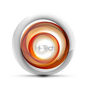 Digital techno sphere web banner, button or icon with text. Glossy swirl color abstract circle design, hi-tech