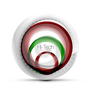 Digital techno sphere web banner, button or icon with text. Glossy swirl color abstract circle design, hi-tech