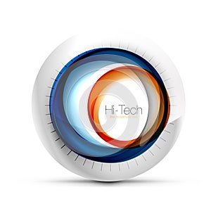 Digital techno sphere web banner, button or icon with text. Glossy swirl color abstract circle design, hi-tech