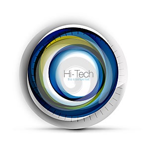 Digital techno sphere web banner, button or icon with text. Glossy swirl color abstract circle design, hi-tech