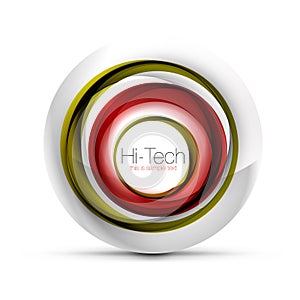 Digital techno sphere web banner, button or icon with text. Glossy swirl color abstract circle design, hi-tech