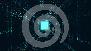 digital technologic tunnel. 3D render. Binary code particles network. Technological and connection