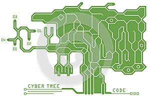 Digital technological tree in the form of a printed circuit board. Infographic design. Futuristic tech background, vector scheme.