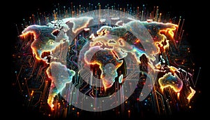 Digital technological world map over black backgoround