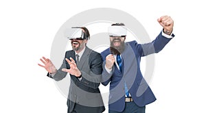 Digital technologies. Business innovation. Vr presentation. Men vr glasses modern technology white background. Team of