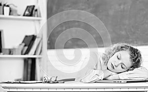 Digital technologies concept. Education online. sleeping student with laptop. Online schooling concept. Girl surfing
