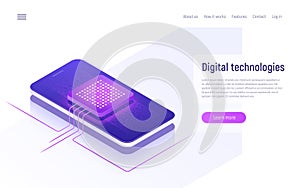 Digital technologies, data processing isometric concept. Vector