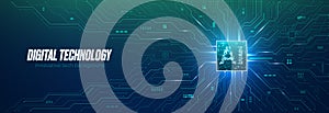 Digital technology background. Blue green tech bg with AI chip photo