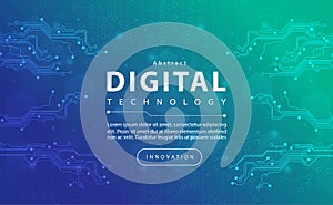 Digital technology banner blue green background concept with technology light effect, abstract tech, innovation future data tech