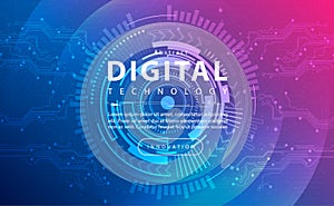 Digital technology banner blue pink background concept, technology light purple effect, abstract tech, innovation future data tech