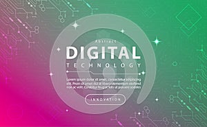 Digital technology banner green pink background concept with technology light effect, abstract tech, innovation future data tech