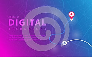 Digital technology banner pink blue background concept with technology line light effects, abstract tech, Map GPS navigation