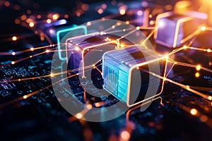 Digital technology blockchain data network illuminated futuristic abstract glowing circuit connection technology innovation