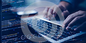 Digital technology, Coding programmer and cyber security, Software development, javascript on virtual screen, internet of things