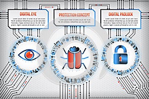 Digital technology concept of background with hacker bug, eye an