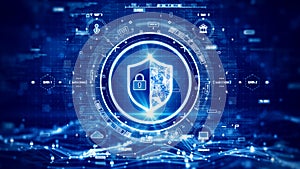 digital technology concept cyber security data protection internet network connection. prominent shield in the middle of the HUD.