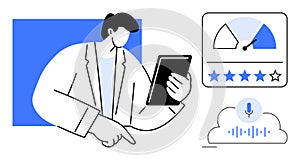 Digital Technology Concept with Data Analysis, Cloud Storage, and User Feedback Icons