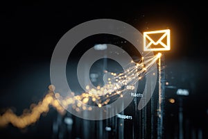 Generative AI Digital communication and data transfer concept with glowing email icon and network lines business c